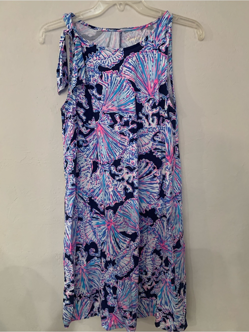 Lilly Pulitzer Navy Pink Blue Seashell Print Shift Shoulder Tie Pima Cotton S